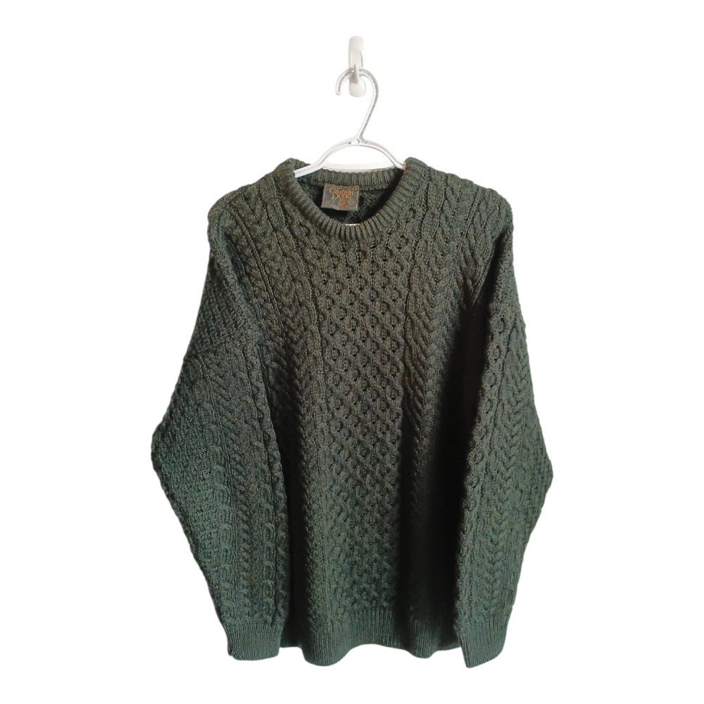 Carraig Donn Merino Wool Green Cable Knit Crewneck Sweater Large   Cabin Cottage